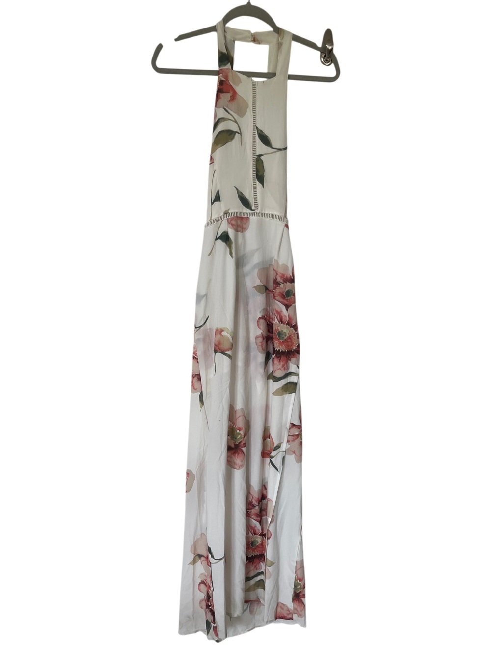 White Floral Halter Maxi Dress with Pink Bloom Print